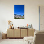 Premium wooden framed poster of a sunny fall day in Palm Springs California, showcasing vibrant autumn scenery and stylish decor.