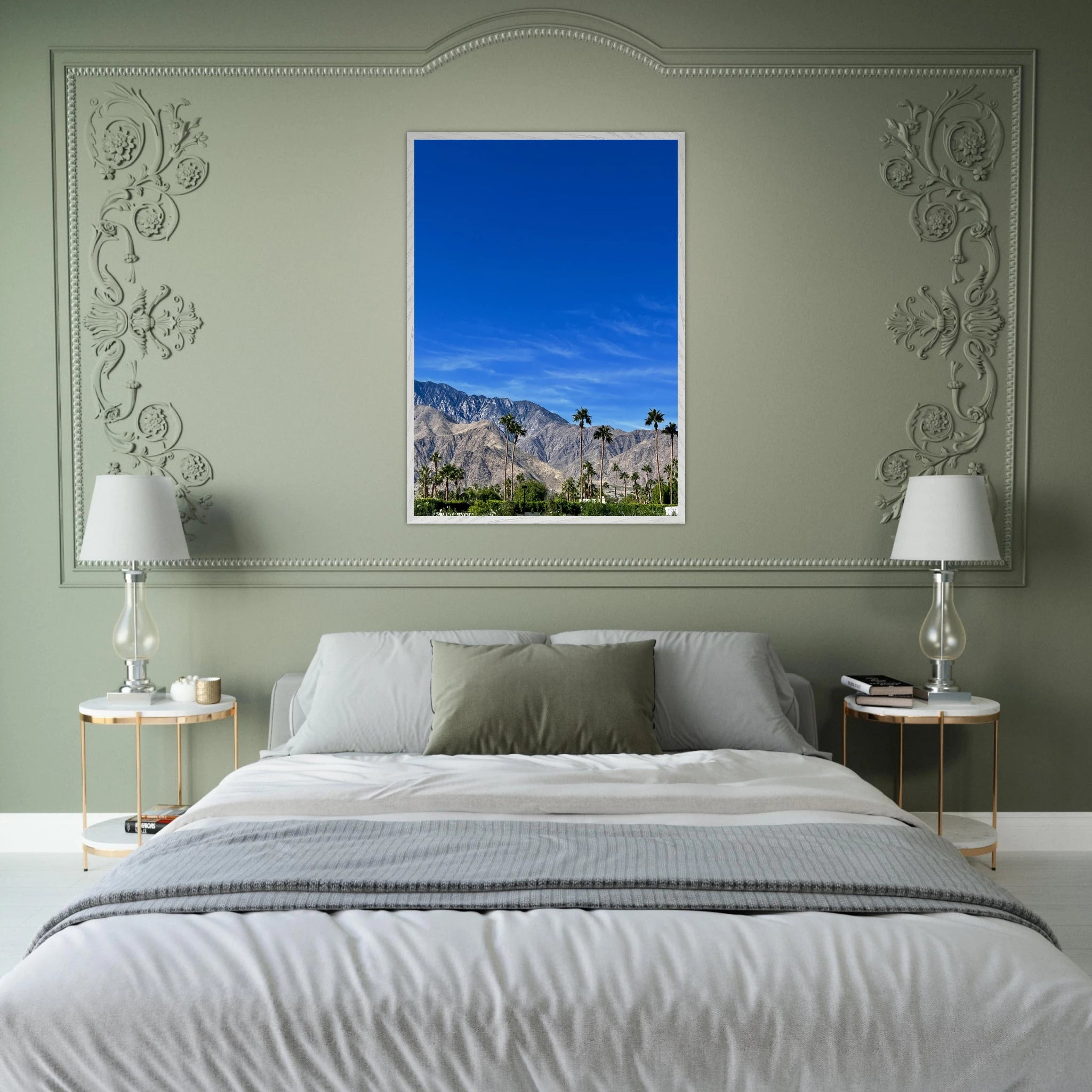 Premium wooden framed poster of a sunny fall day in Palm Springs California, featuring vibrant landscape artwork in a white frame.