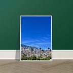 Premium wooden framed poster of a sunny fall day in Palm Springs, California, featuring vibrant autumn colors and scenic landscape art.
