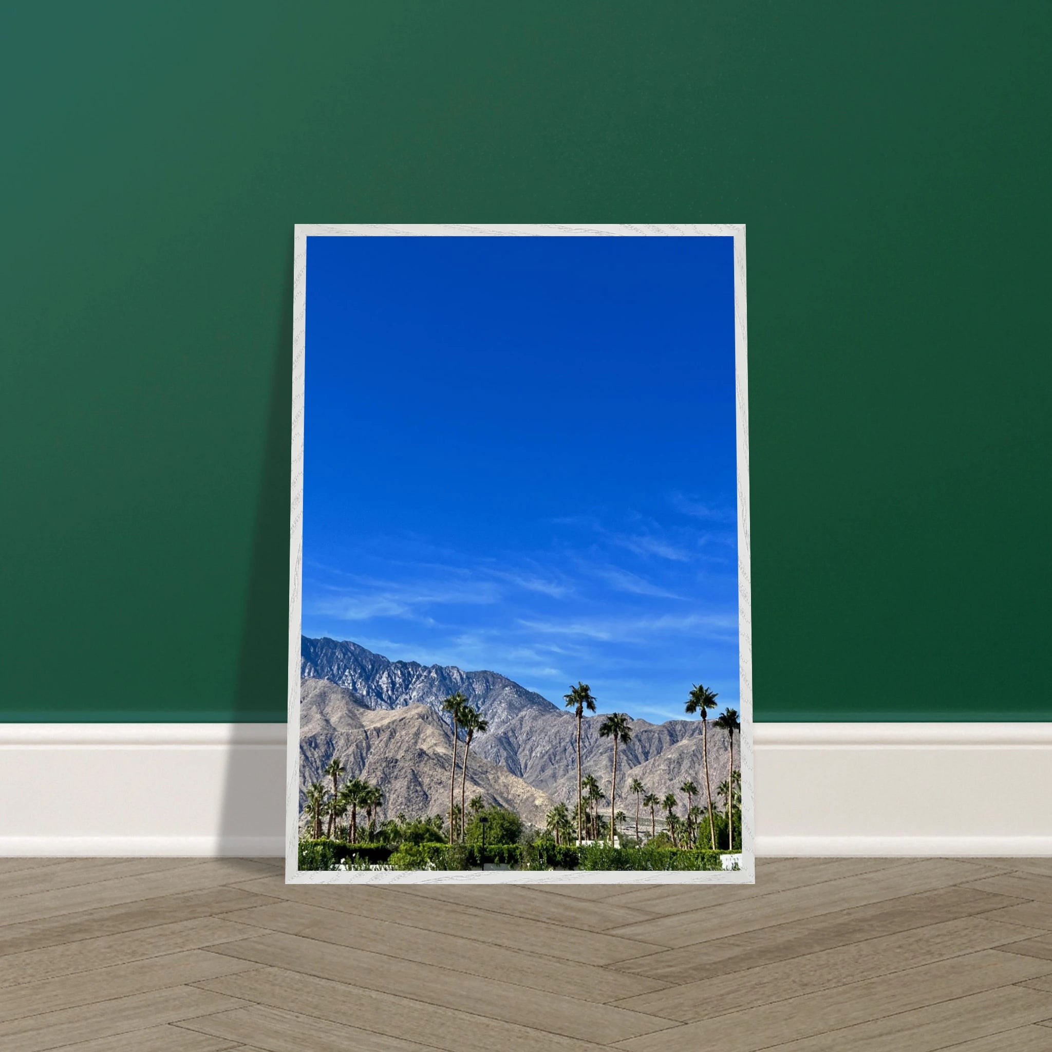 Premium wooden framed poster of a sunny fall day in Palm Springs, California, featuring vibrant autumn colors and scenic landscape art.