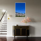 Wooden framed poster featuring a sunny fall day scene in Palm Springs, California, with vibrant colors and detailed artwork.