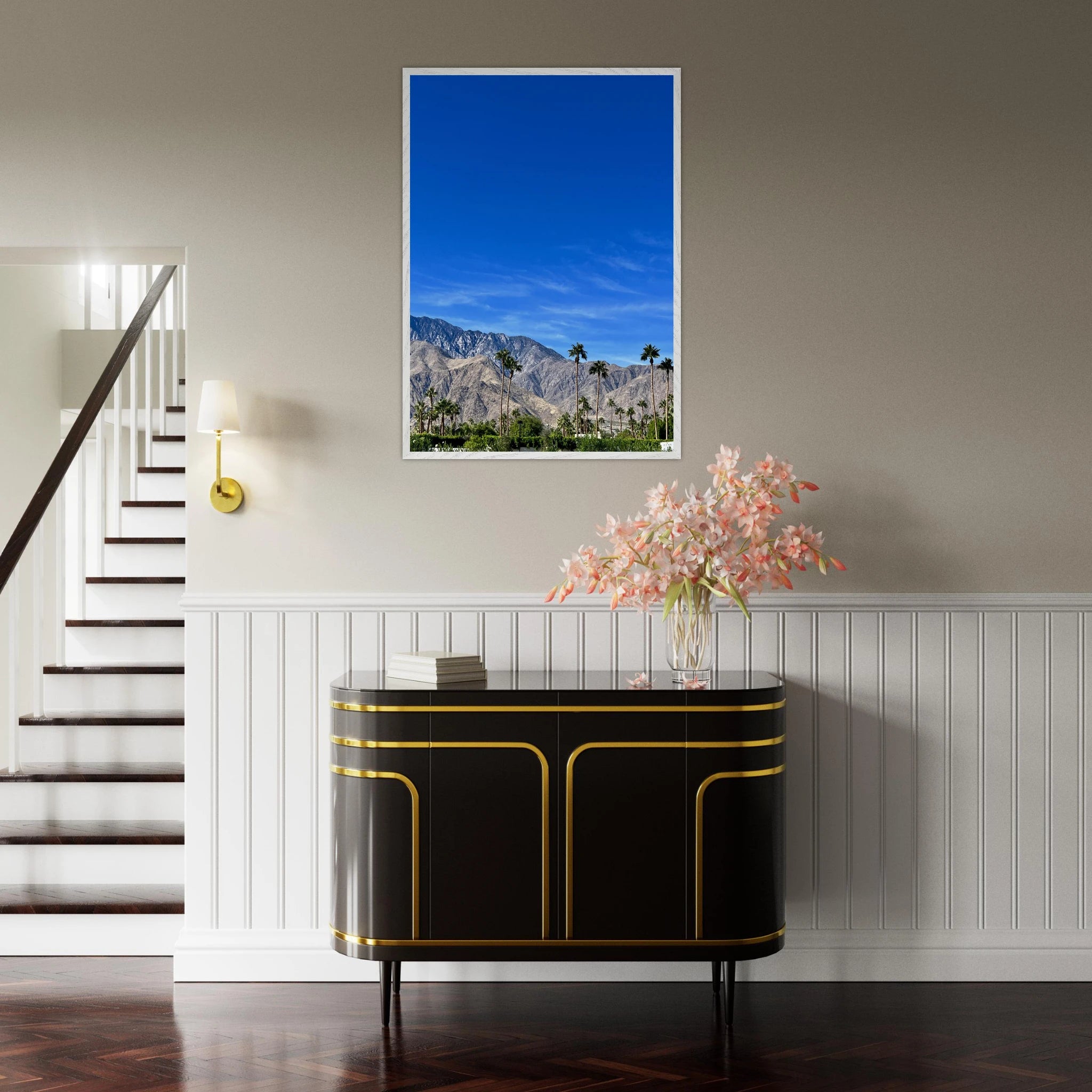 Wooden framed poster featuring a sunny fall day scene in Palm Springs, California, with vibrant colors and detailed artwork.