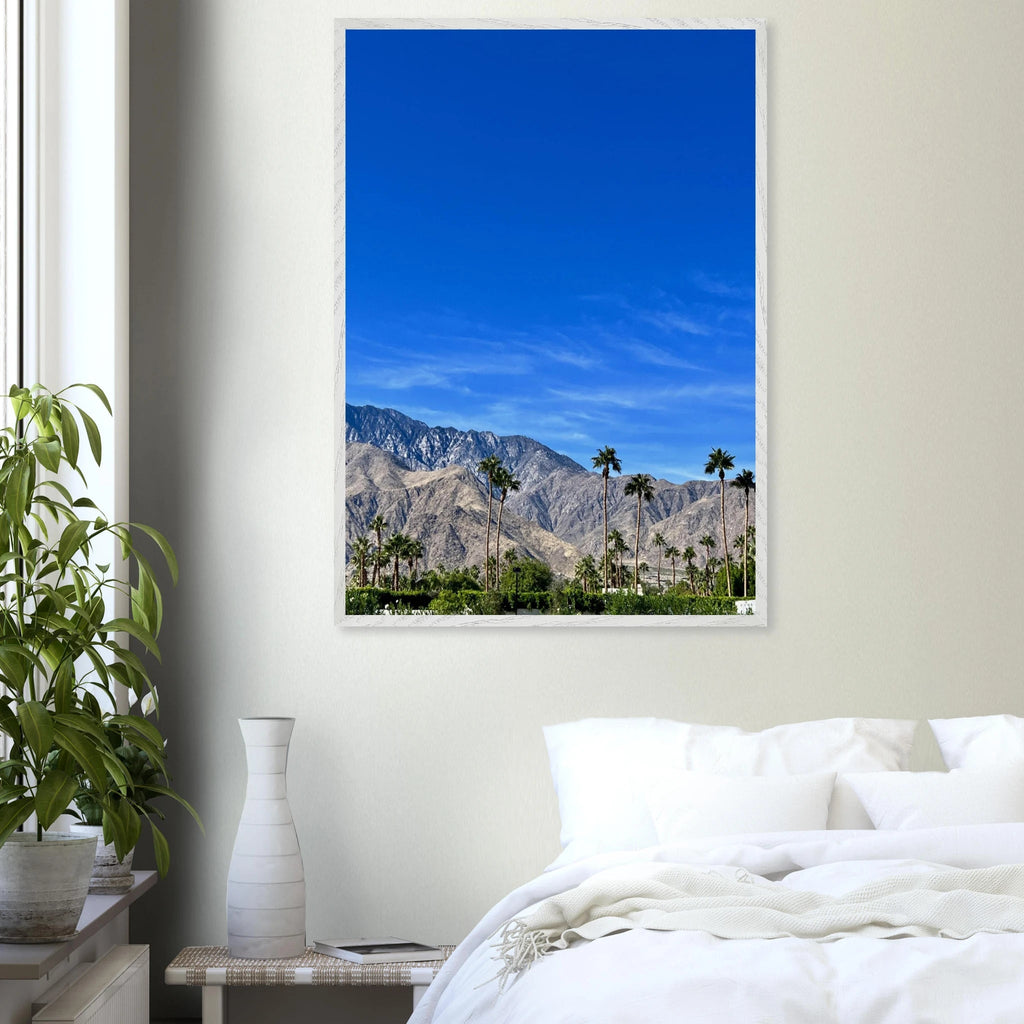 Wooden framed poster of a sunny fall day in Palm Springs California, featuring vibrant autumn scenery and studio-quality print artwork.