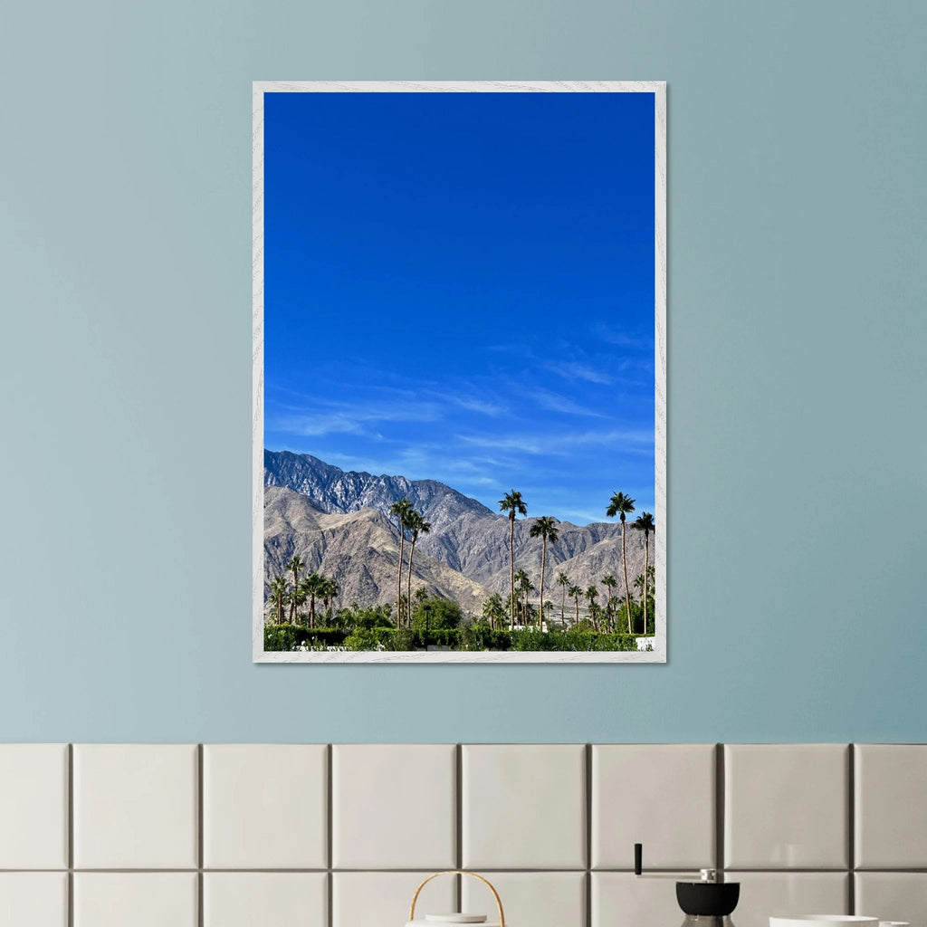 Premium wooden framed poster of a sunny fall day in Palm Springs California, featuring vibrant colors and scenic landscape art.