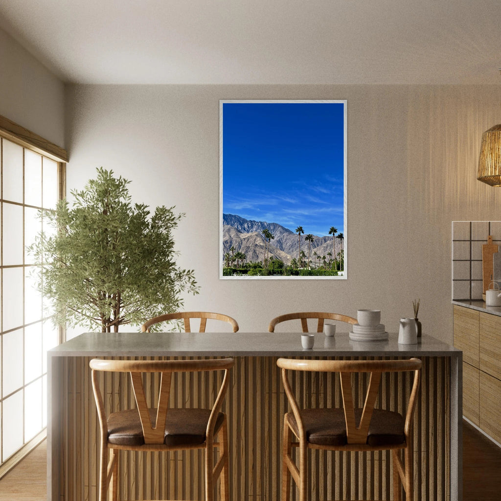 Premium wooden framed poster of a sunny fall day in Palm Springs California, featuring vibrant autumn scenery and a white frame.