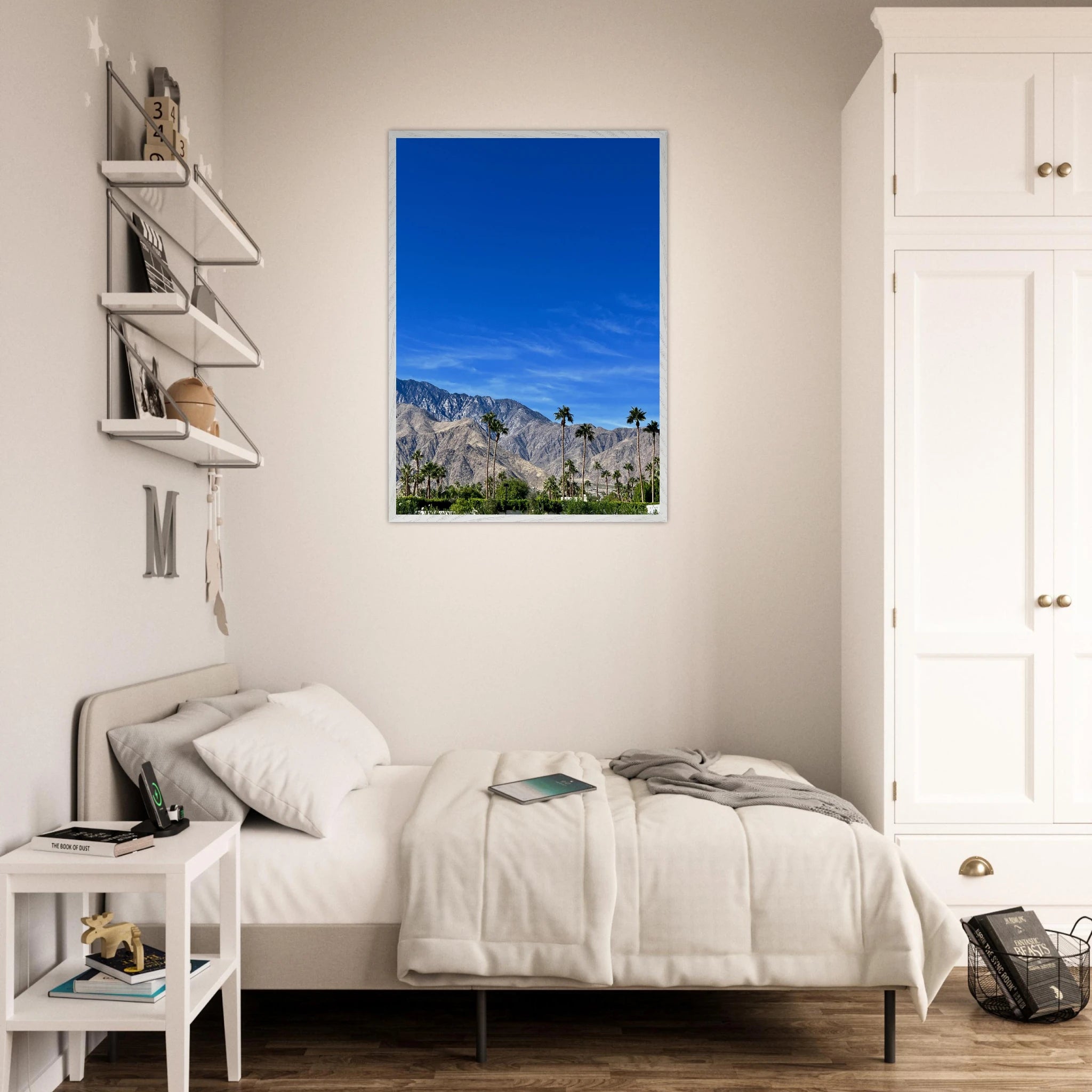 Premium wooden framed poster of a sunny fall day in Palm Springs, California, featuring vibrant autumn landscape art.