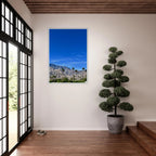 Wooden framed poster of a sunny fall day in Palm Springs, California, featuring vibrant autumn landscape artwork.
