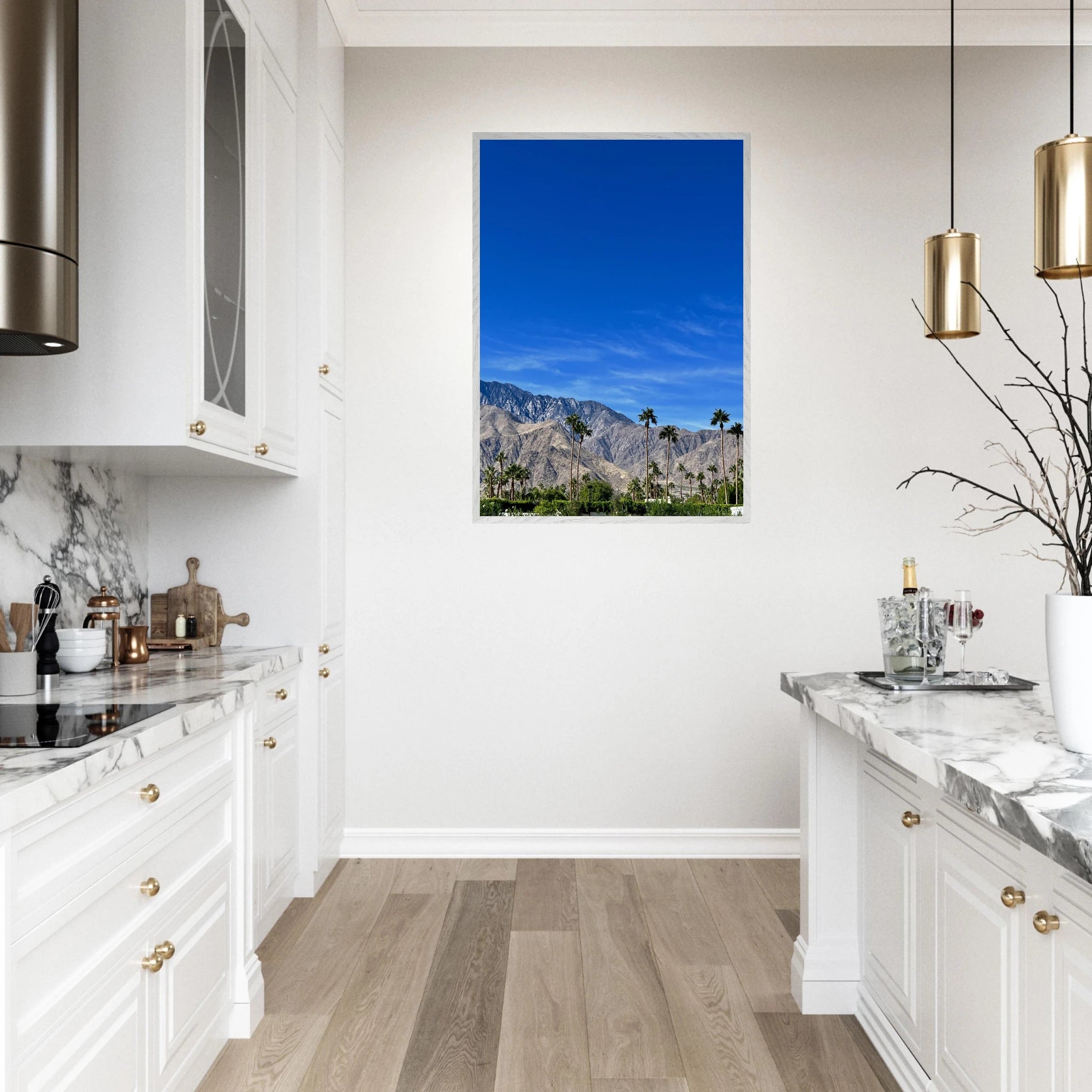 Premium wooden framed poster featuring a sunny fall day scene in Palm Springs, California, printed on high-quality material.