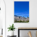 Wooden framed poster of a sunny fall day in Palm Springs California, featuring vibrant autumn scenery and studio-quality artwork.