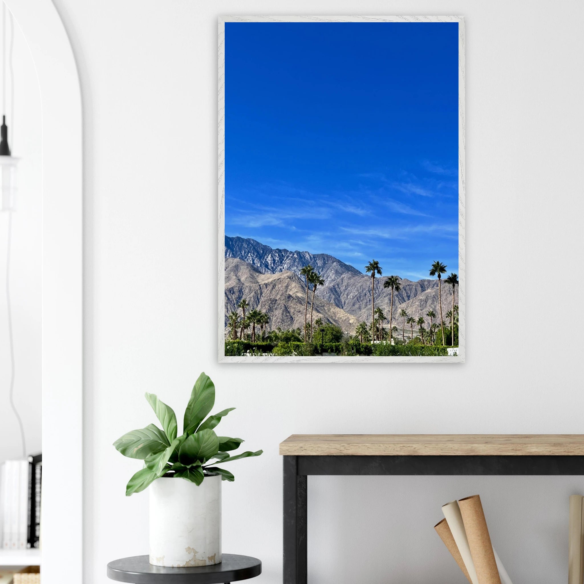 Wooden framed poster of a sunny fall day in Palm Springs California, featuring vibrant autumn scenery and studio-quality artwork.