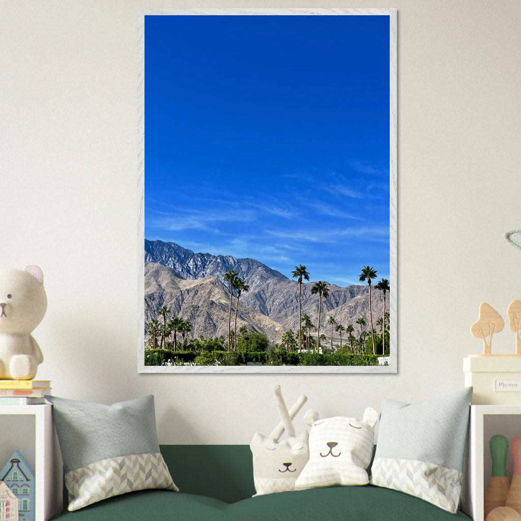 Wooden framed poster of a sunny fall day in Palm Springs, California, featuring vibrant autumn scenery in a studio edition print.