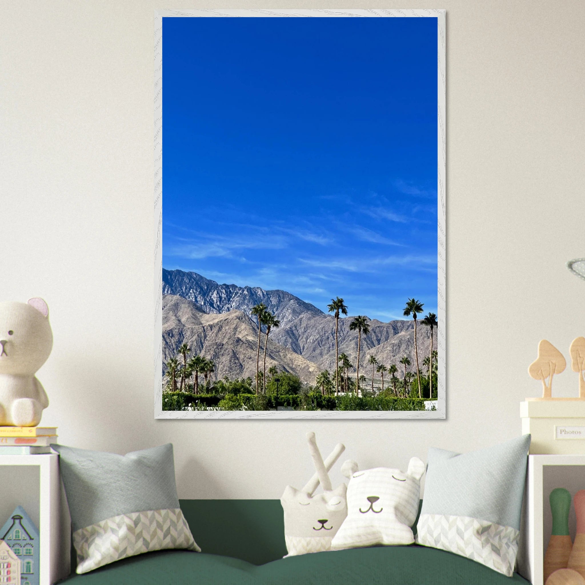 Wooden framed poster of a sunny fall day in Palm Springs, California, featuring vibrant autumn scenery in a studio edition print.