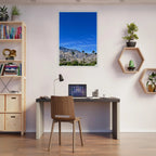 Premium wooden framed poster featuring a sunny fall day scene in Palm Springs, California, with vibrant autumn colors.