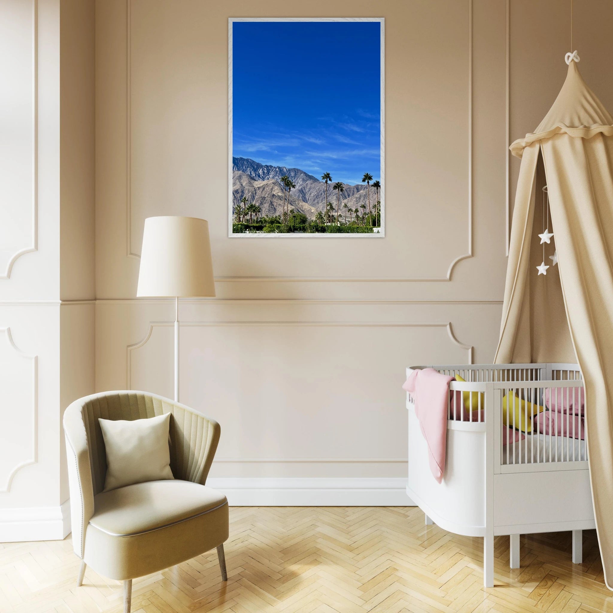 Wooden framed poster of a sunny fall day in Palm Springs, California, featuring vibrant autumn scenery and stylish studio art.