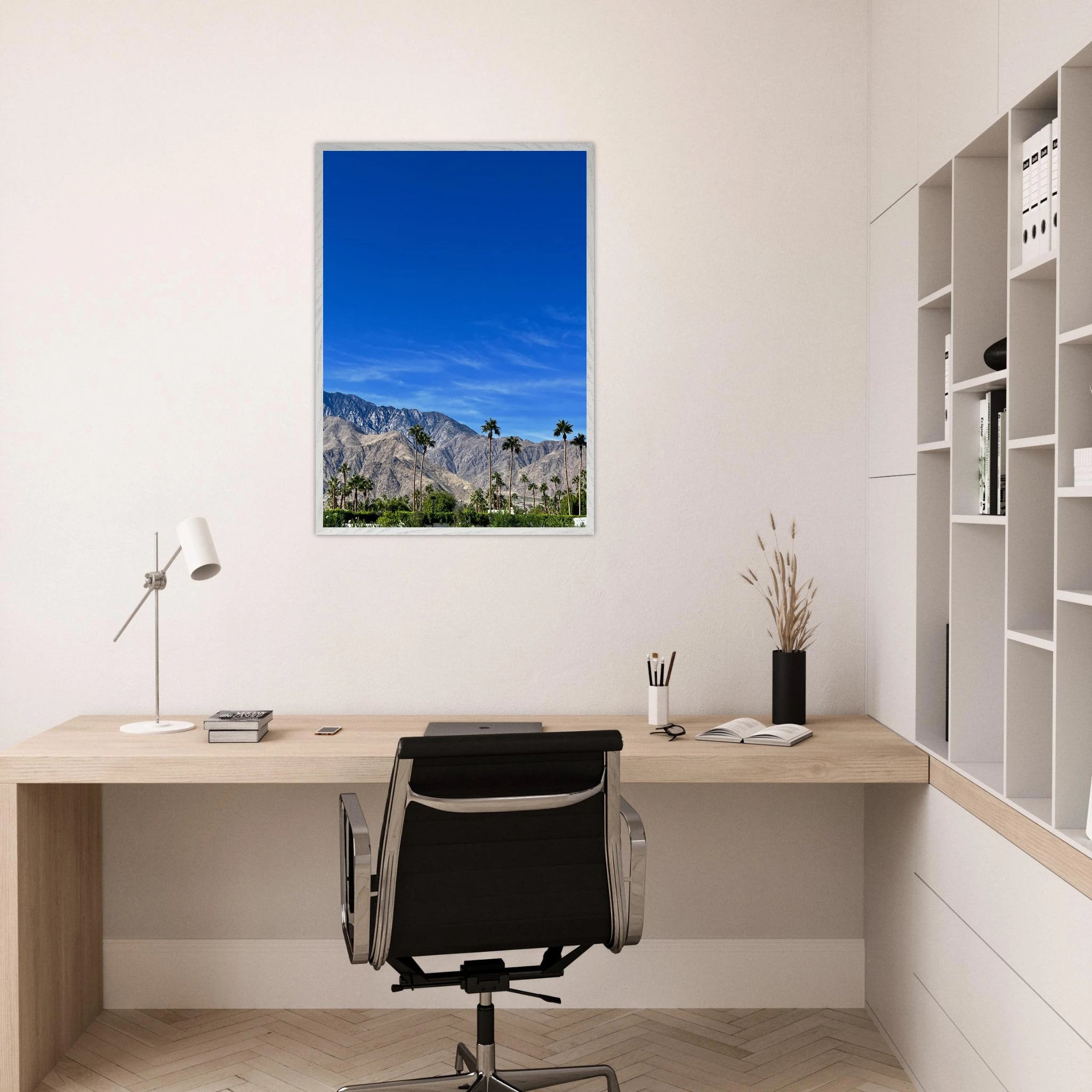 Wooden framed poster featuring a sunny fall day scene in Palm Springs, California, with vibrant autumn colors and scenic landscape.