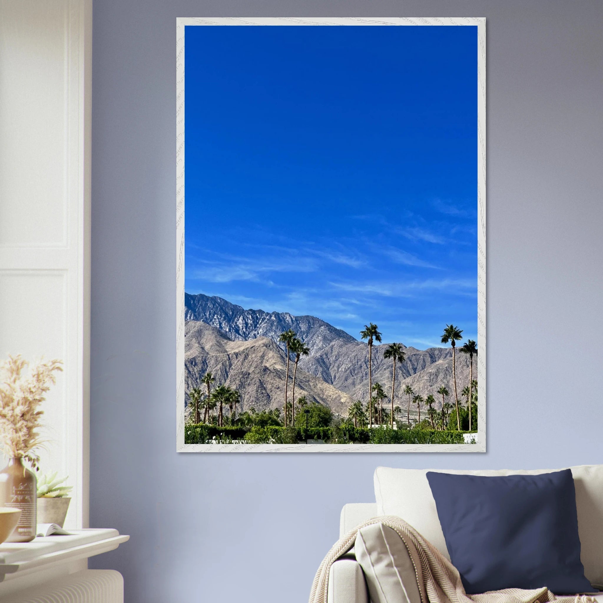 Wooden framed poster of a sunny fall day in Palm Springs, California, featuring vibrant autumn colors and scenic outdoor views.