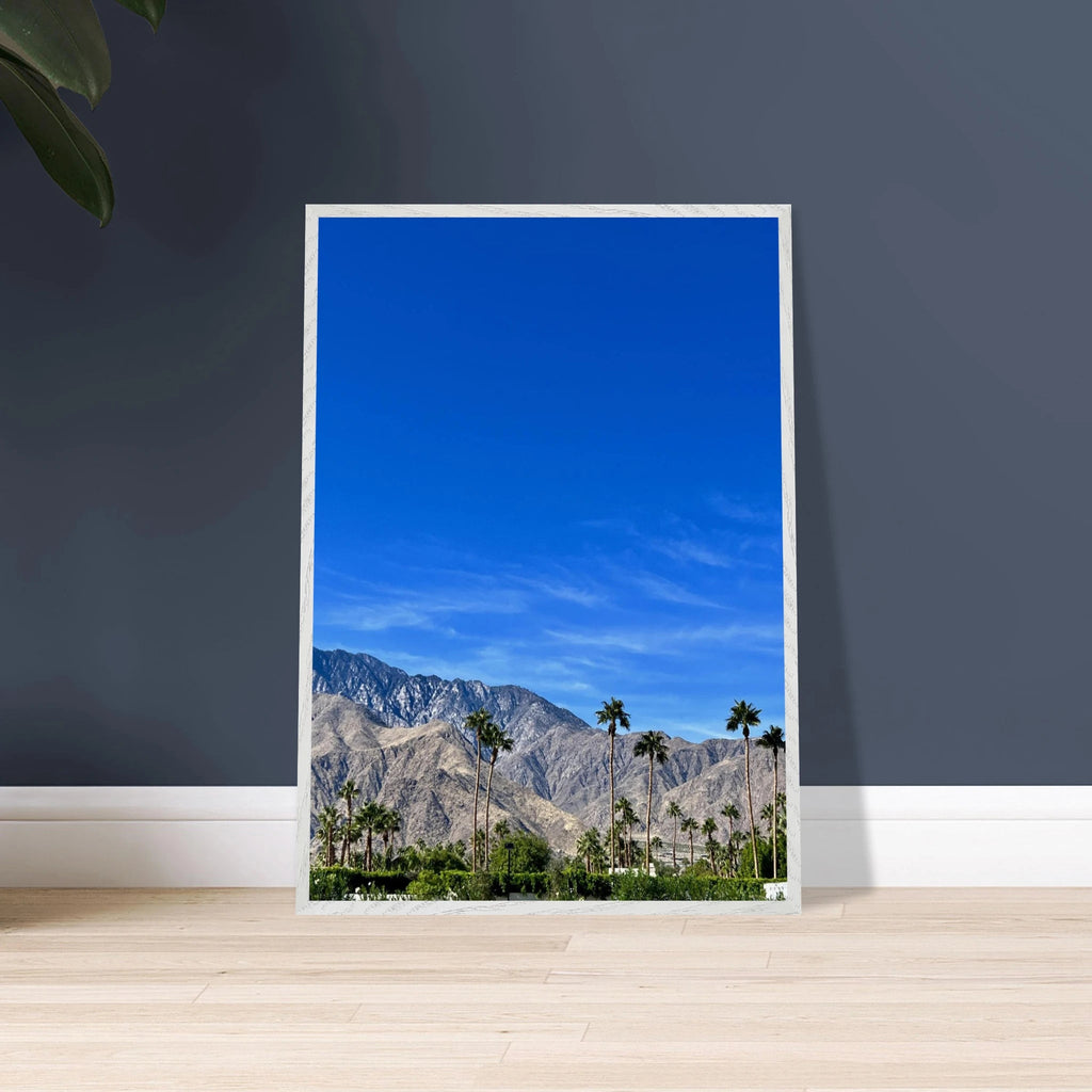 Wooden framed poster of a sunny fall day in Palm Springs, California, featuring vibrant outdoor scenery and autumn colors.