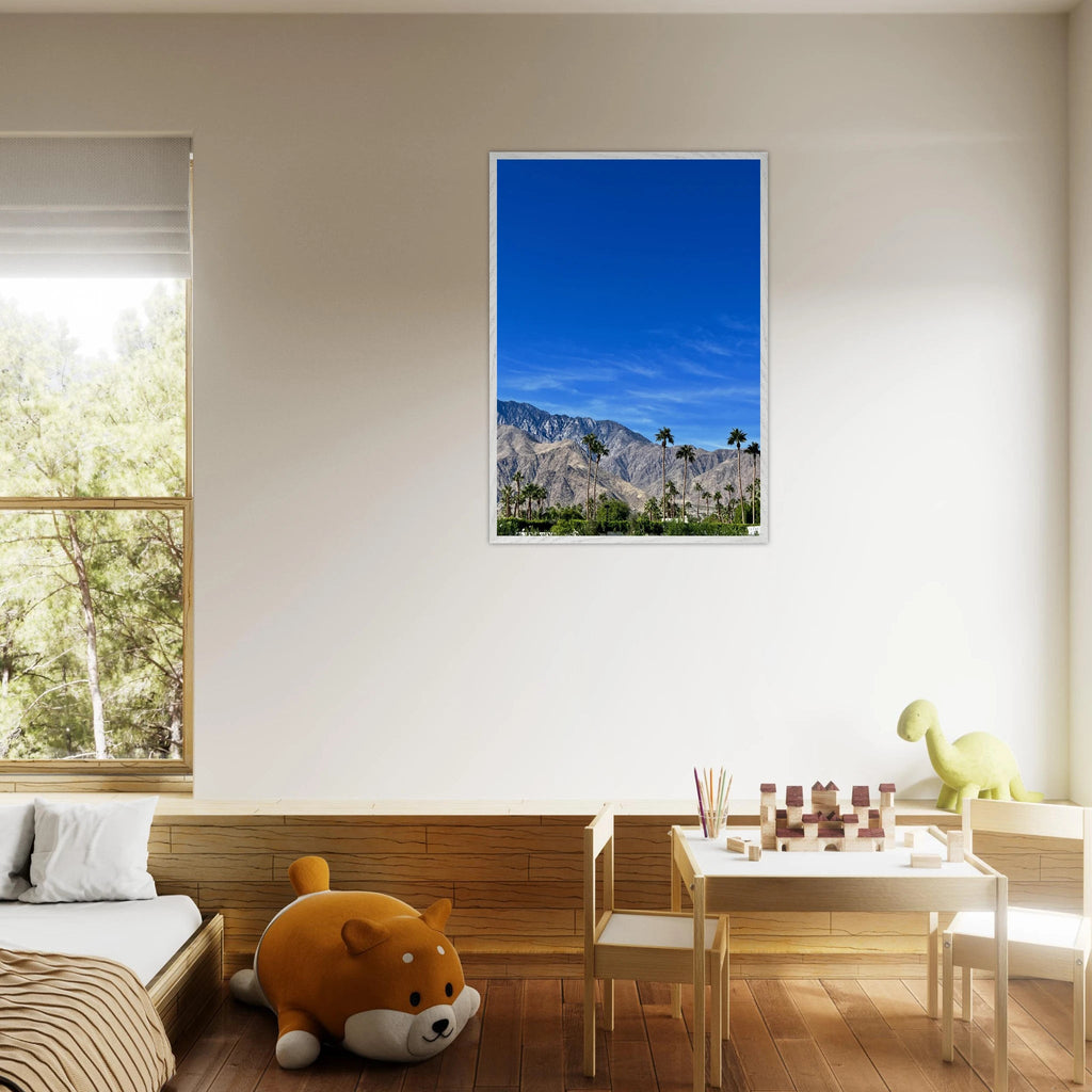 Premium wooden framed print of a sunny fall day in Palm Springs, California, featuring vibrant autumn scenery and chic wall decor.