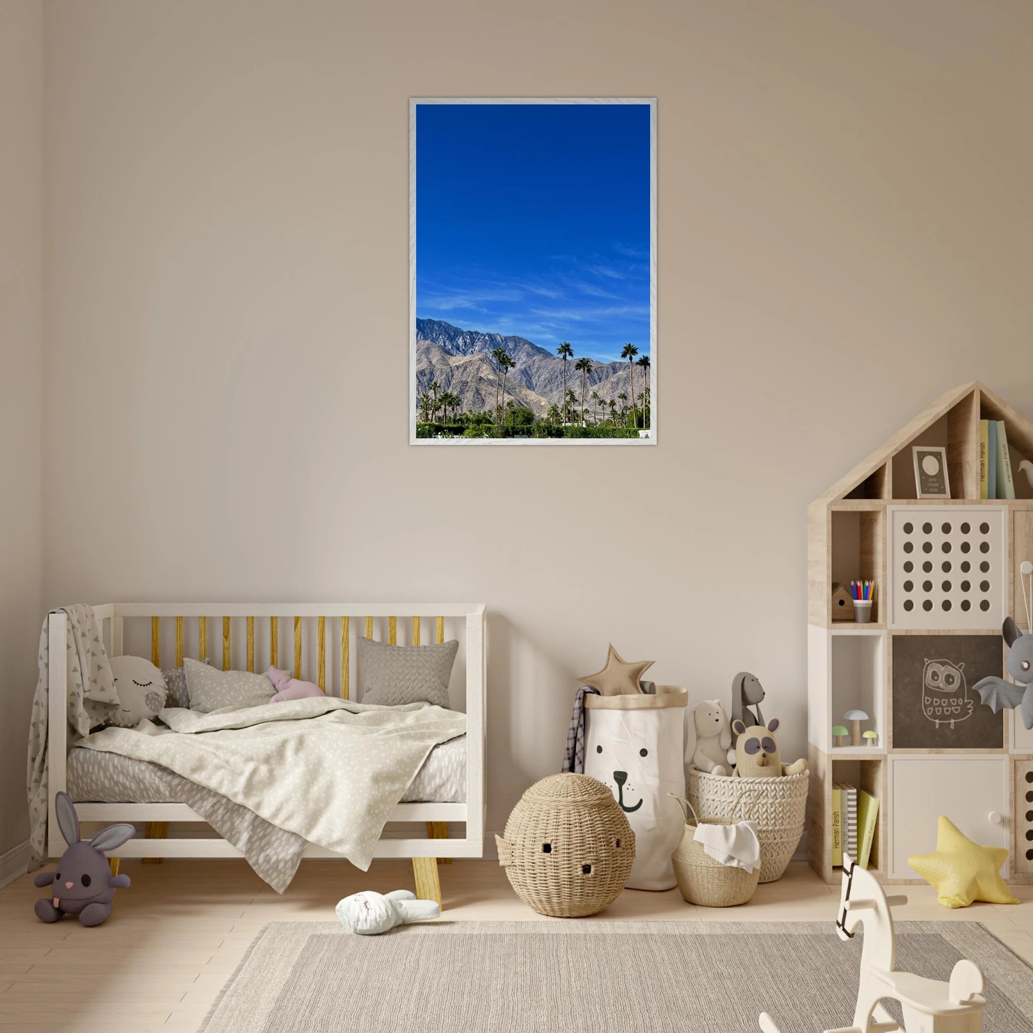 Wooden framed poster featuring a sunny fall day scene in Palm Springs, California, with vibrant autumn colors and scenic landscape.