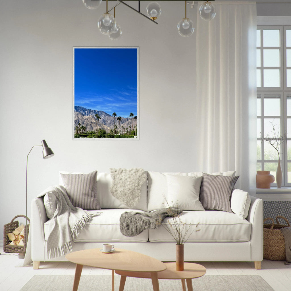 Wooden framed poster of a sunny fall day in Palm Springs California, featuring vibrant autumn scenery in a studio edition print