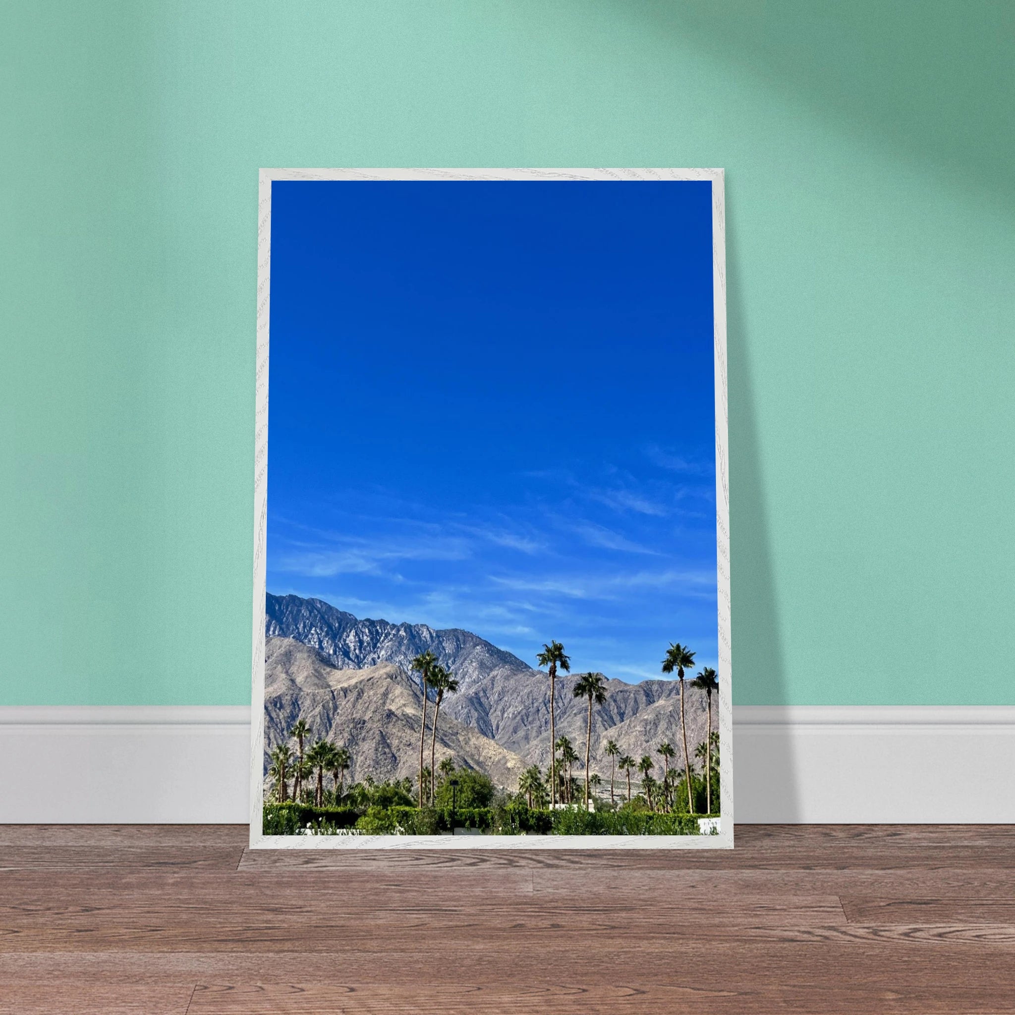 Wooden framed poster of a sunny fall day in Palm Springs California, featuring vibrant autumn colors and scenic landscape art.