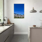 Premium wooden framed poster of a sunny fall day in Palm Springs, California, featuring vibrant autumn scenery artwork.