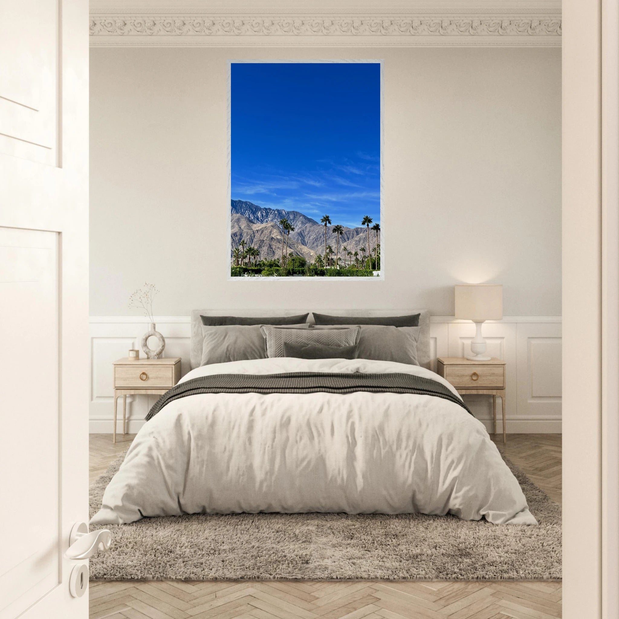 Wooden framed print of a sunny fall day in Palm Springs, California, featuring vibrant autumn colors and scenic landscape art.