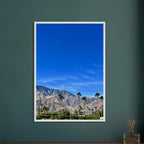 Wooden framed poster of a sunny fall day in Palm Springs California, featuring vibrant colors and scenic outdoor landscape art.