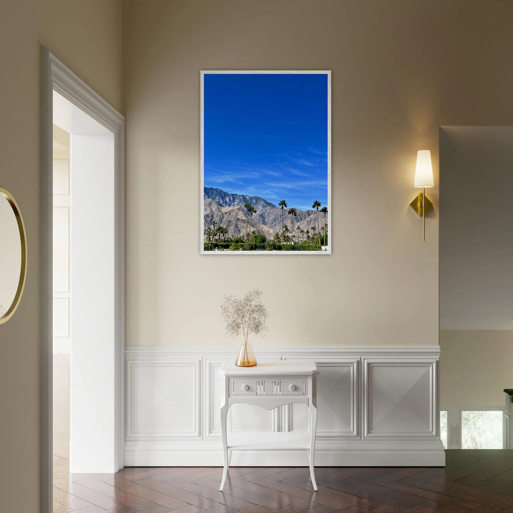 Premium wooden framed poster of a sunny fall day in Palm Springs California, featuring vibrant outdoor scenery and warm colors.