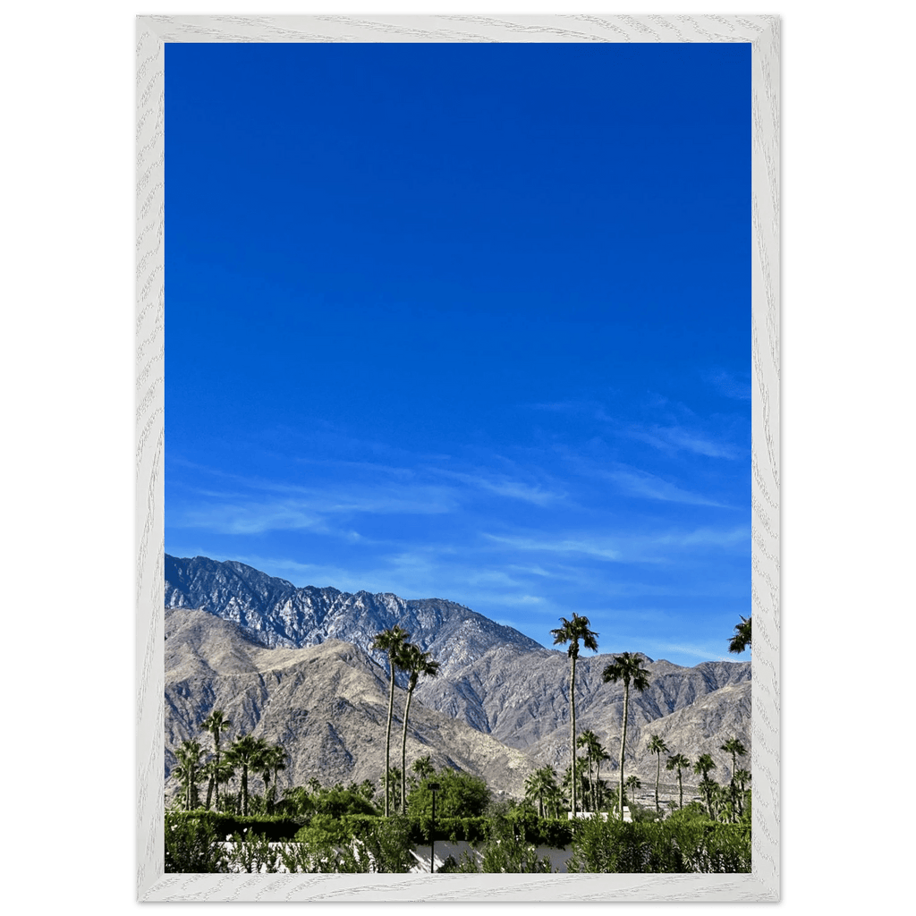 Wooden framed print of a sunny fall day in Palm Springs California, featuring vibrant outdoor scenery and autumn colors.