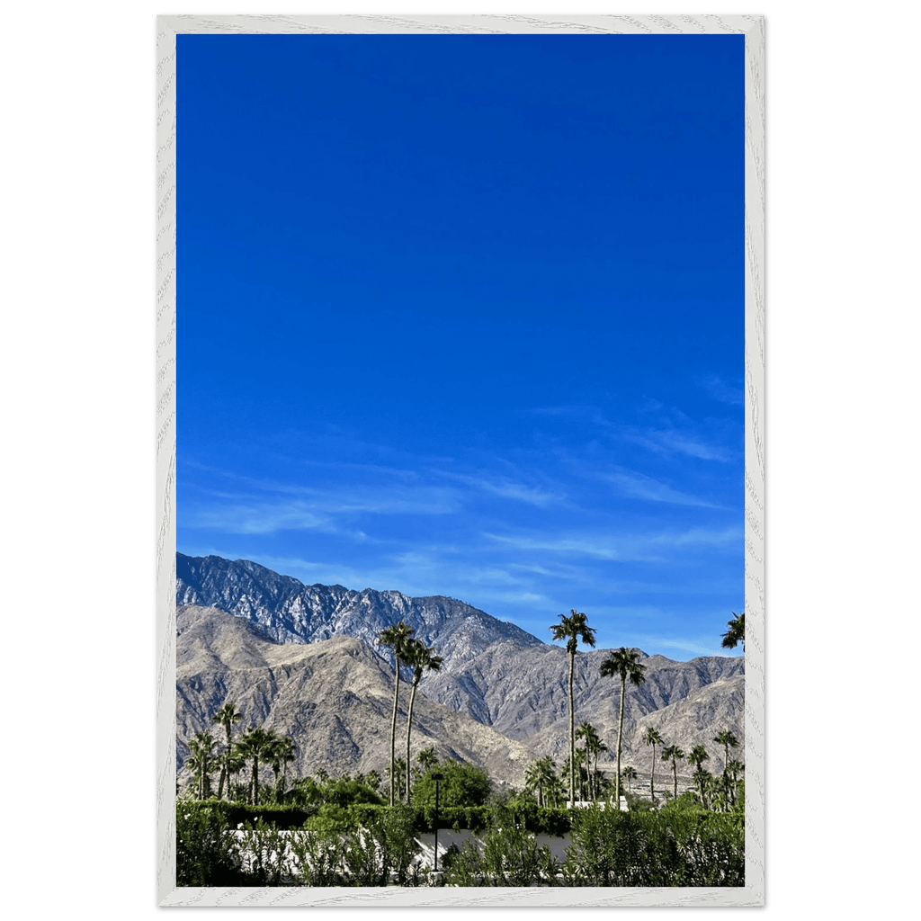 Premium wooden framed poster of a sunny fall day in Palm Springs California, featuring vibrant autumn scenery and stylish design.