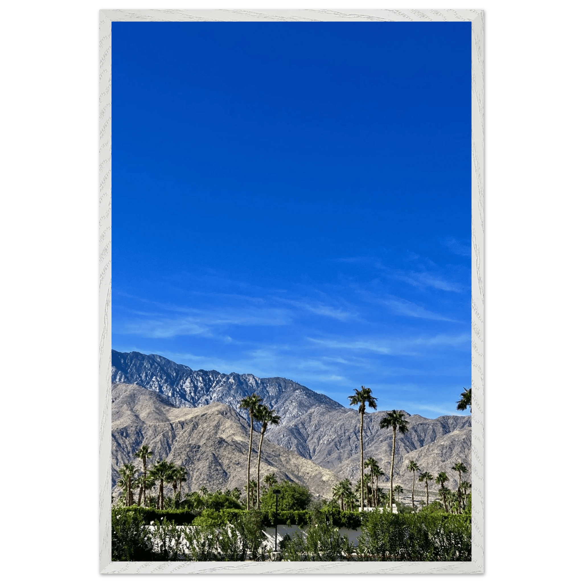 Premium wooden framed poster of a sunny fall day in Palm Springs California, featuring vibrant autumn scenery and stylish design.