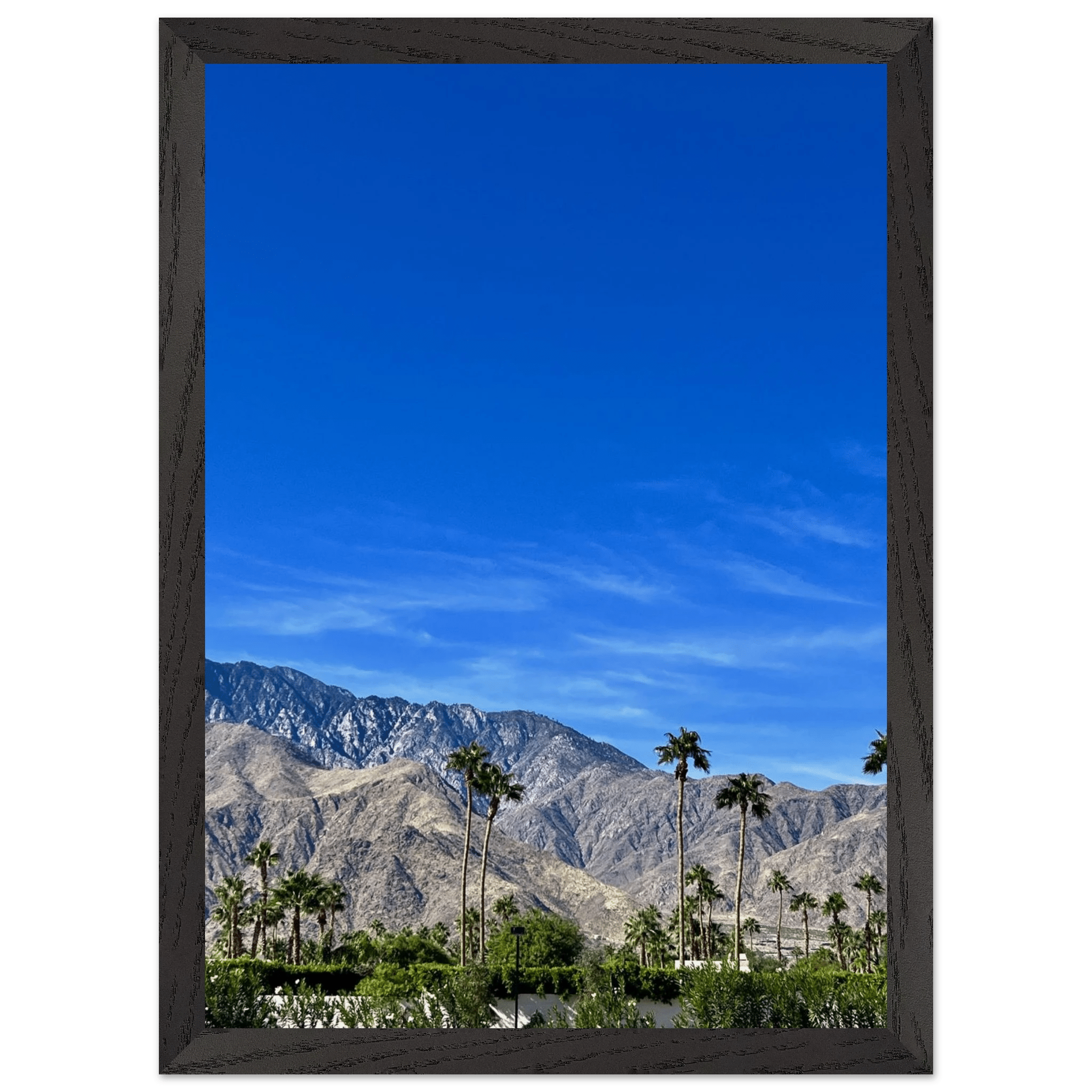Wooden framed poster of a sunny fall day in Palm Springs, California, featuring vibrant autumn colors and scenic landscape art.