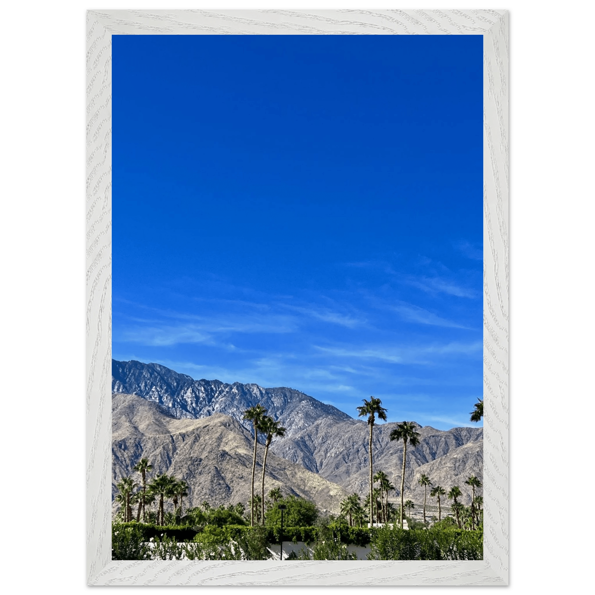 Premium wooden framed poster of a sunny fall day in Palm Springs California, featuring vibrant autumn scenery and scenic views.