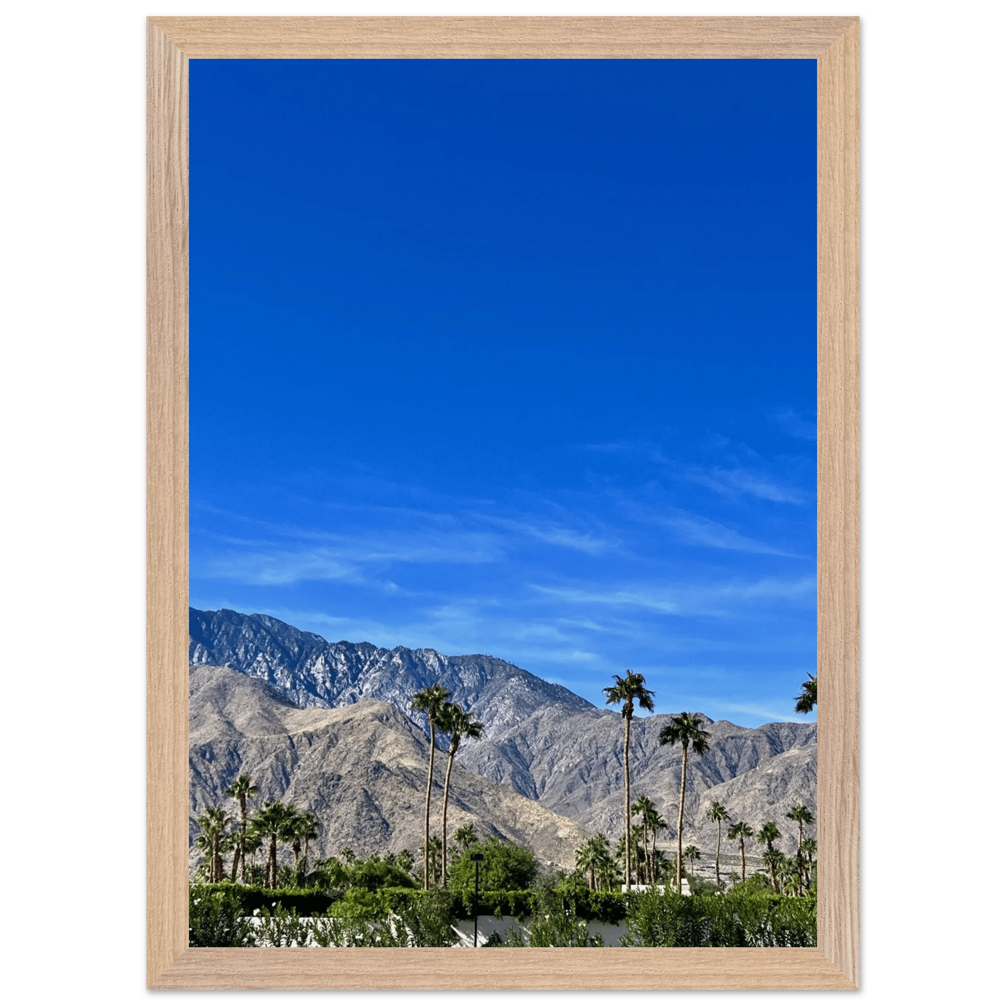 Wooden framed poster of a sunny fall day in Palm Springs California, featuring vibrant autumn scenery and studio art style.