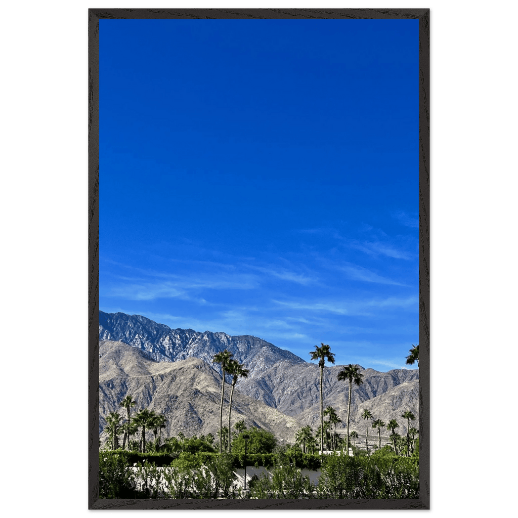 Wooden framed poster of a sunny fall day in Palm Springs, California, featuring vibrant autumn scenery and artistic poster design.