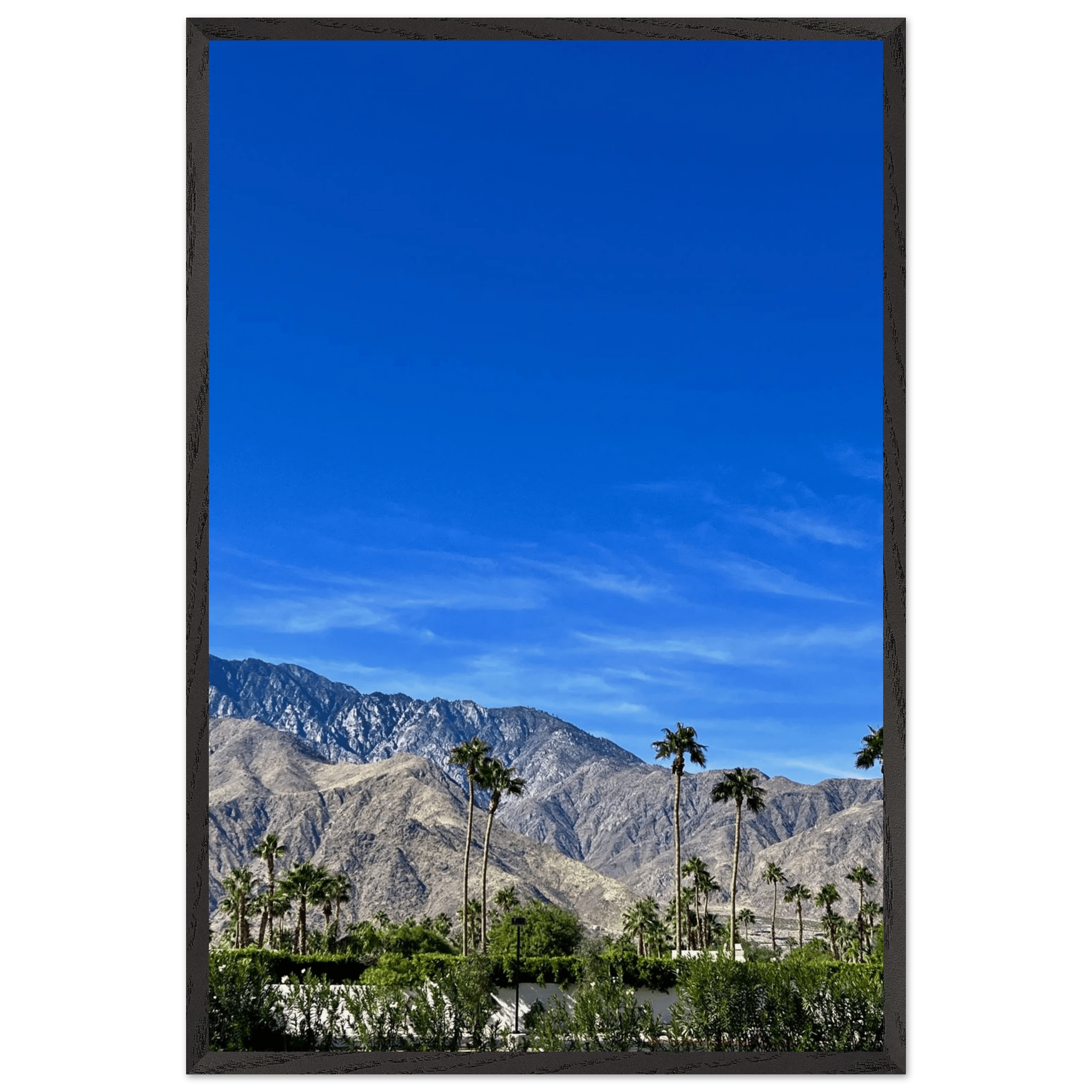 Wooden framed poster of a sunny fall day in Palm Springs, California, featuring vibrant autumn scenery and artistic poster design.