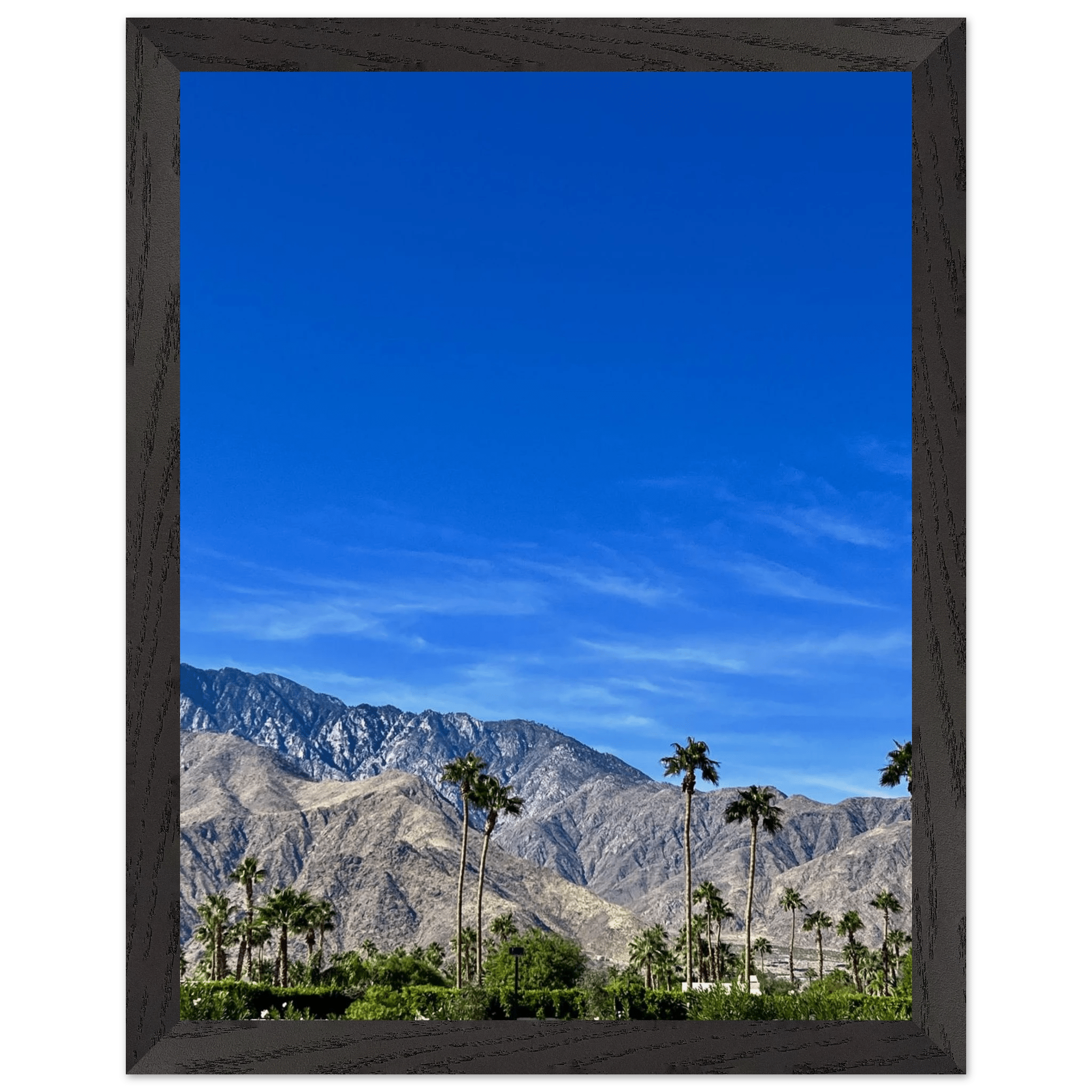 Wooden framed print of a sunny fall day in Palm Springs California, featuring vibrant autumn colors and scenic landscape art.
