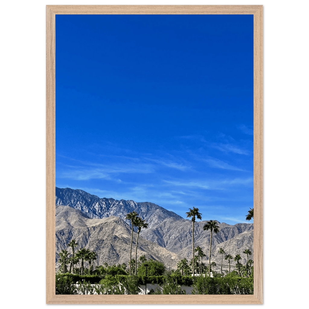 Premium wooden framed poster of a sunny fall day in Palm Springs California, featuring vibrant autumn scenery and stylish wall art.