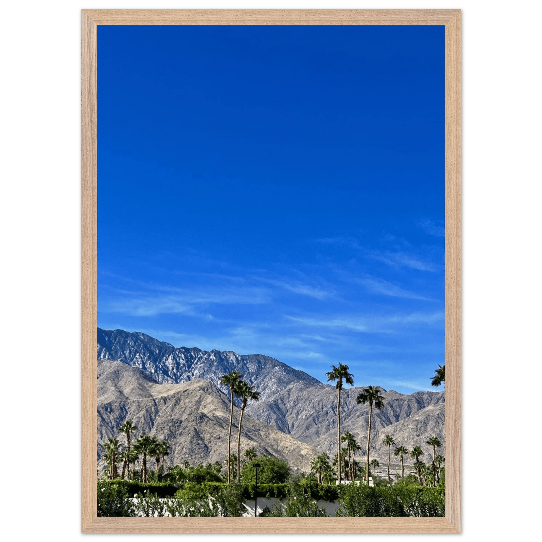 Premium wooden framed poster of a sunny fall day in Palm Springs California, featuring vibrant autumn scenery and stylish wall art.