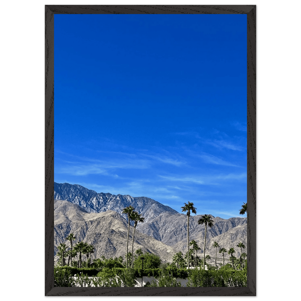 Premium wooden framed poster of a sunny fall day in Palm Springs California, featuring vibrant studio art print.