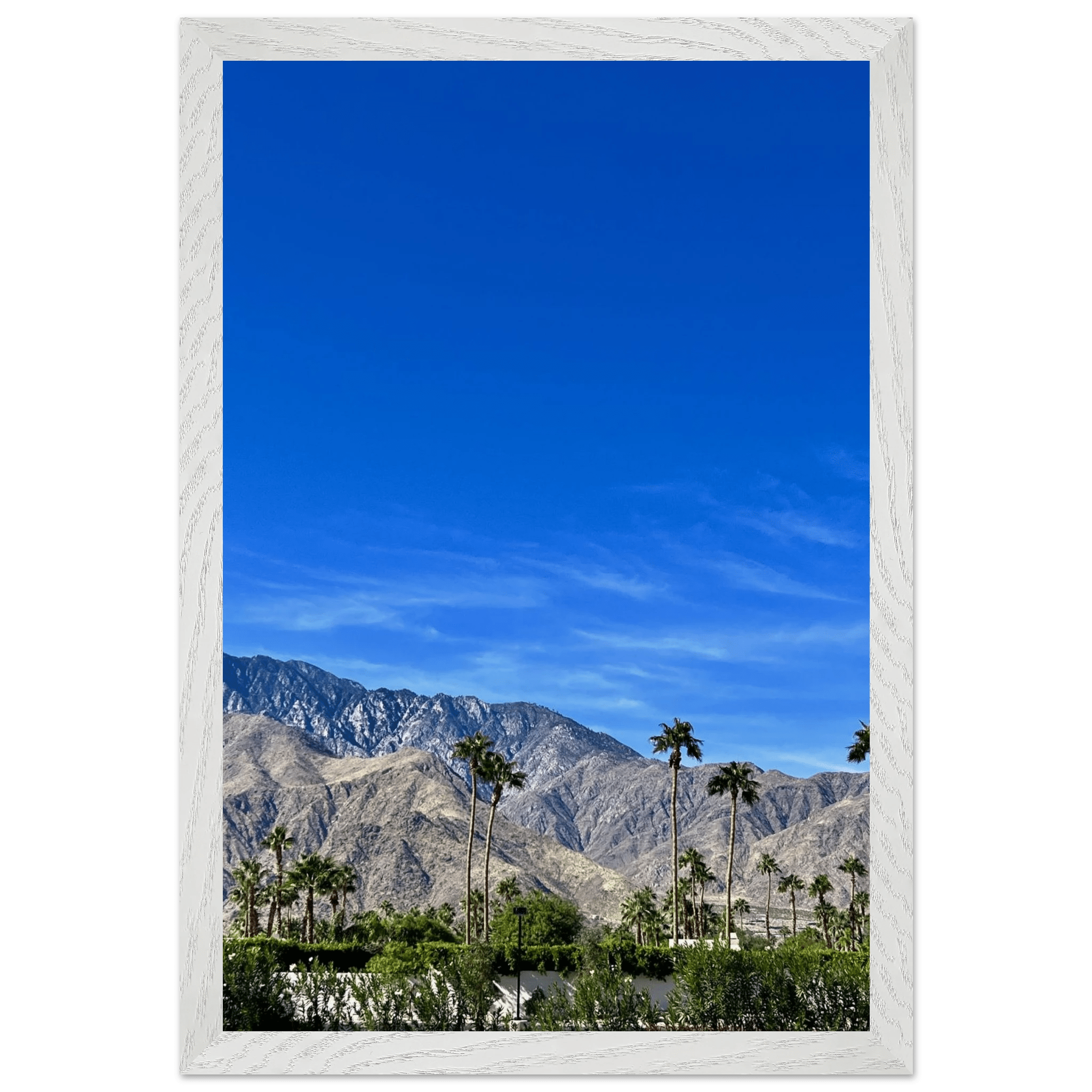 Wooden framed poster of a sunny fall day in Palm Springs California, featuring vibrant autumn colors and scenic desert landscape.