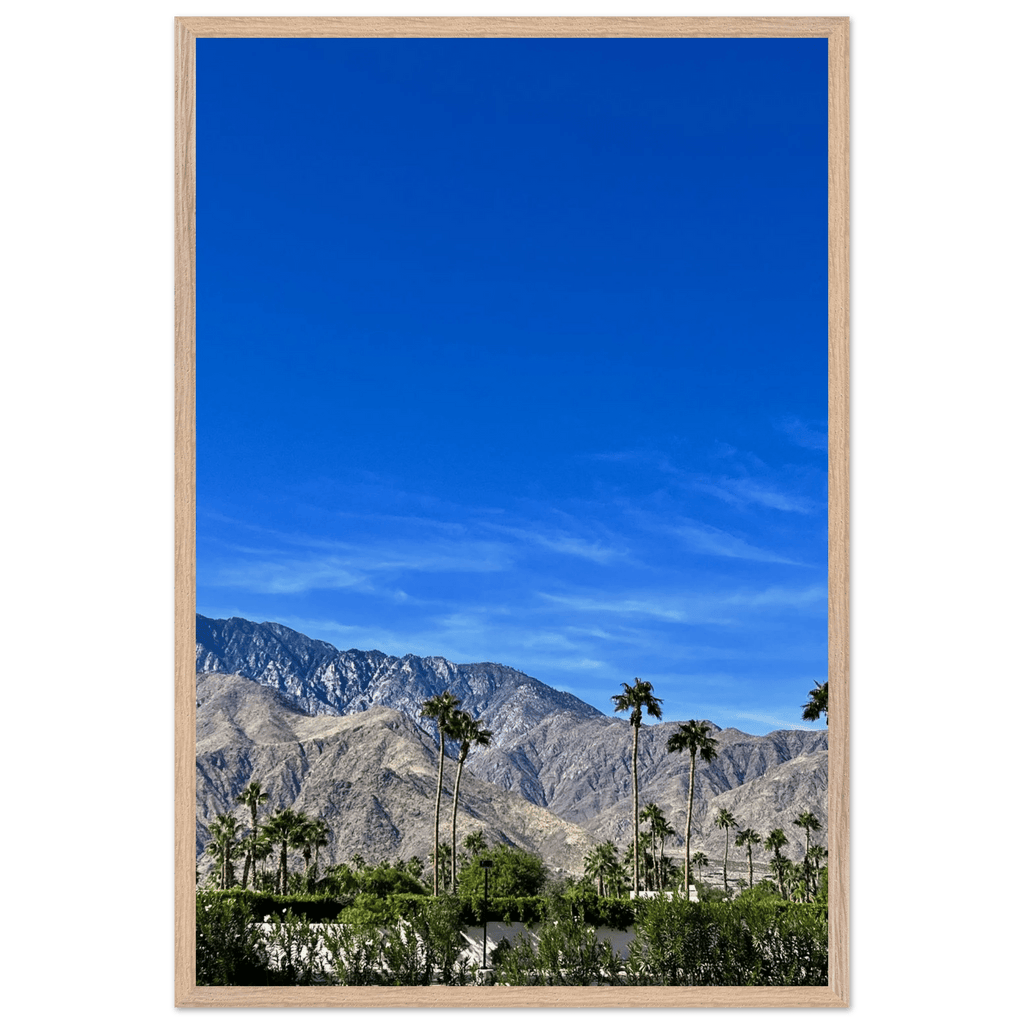 Wooden framed poster of a sunny fall day in Palm Springs, California, featuring vibrant autumn scenery and stylish wall art.