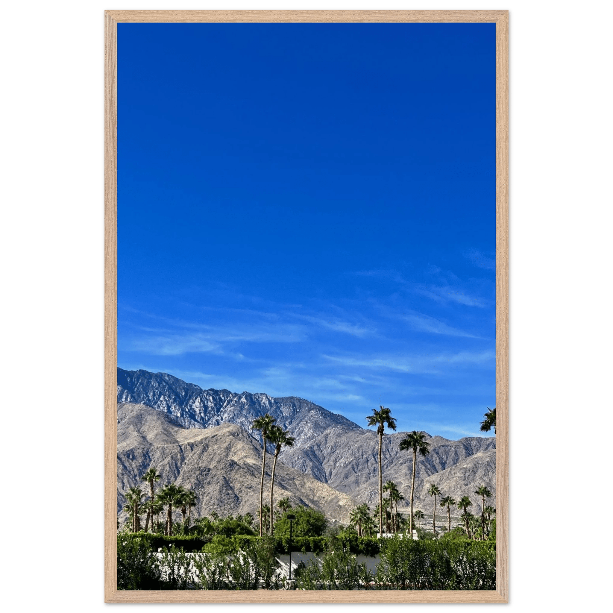 Wooden framed poster of a sunny fall day in Palm Springs, California, featuring vibrant autumn scenery and stylish wall art.