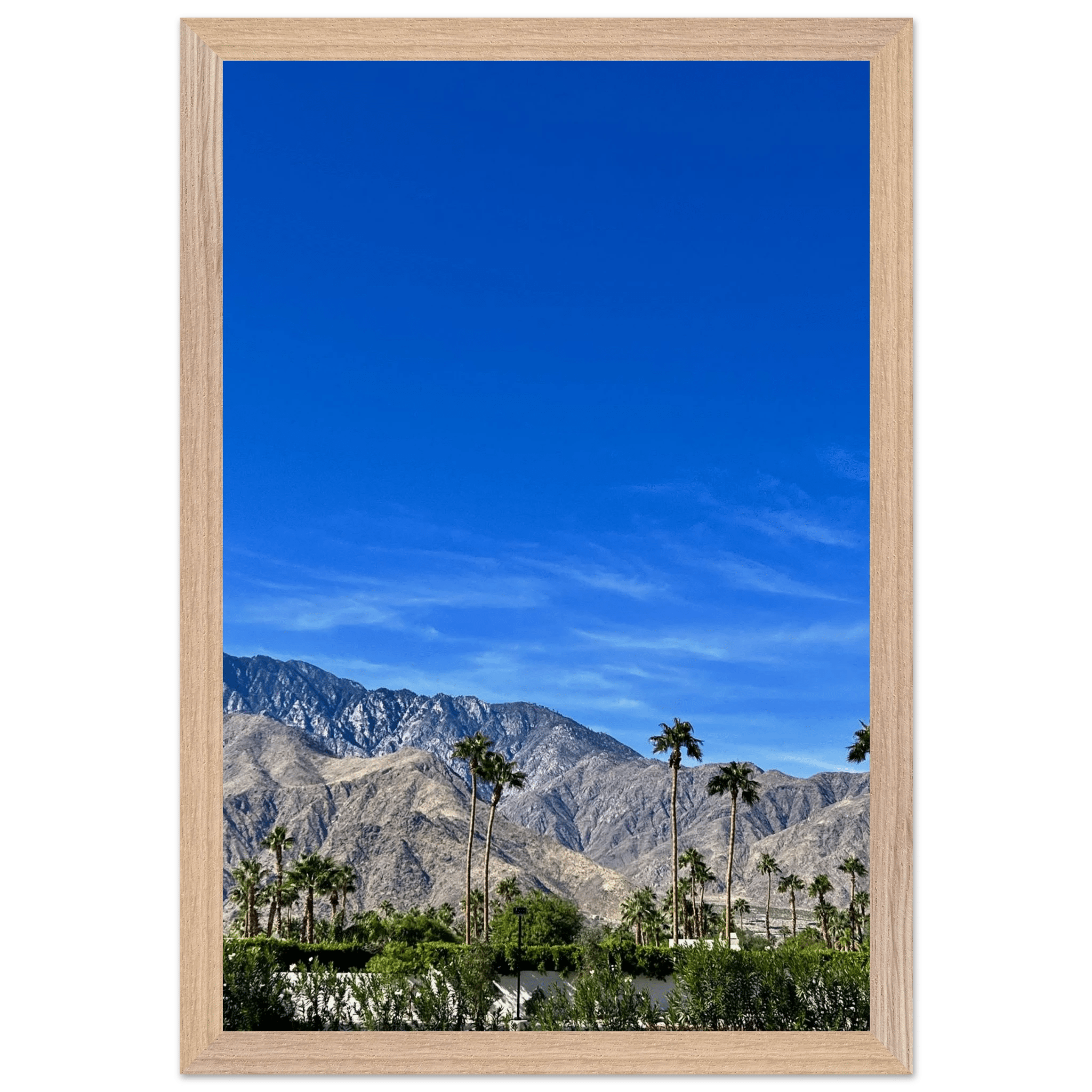 Premium wooden framed poster featuring a sunny fall day in Palm Springs California, showcasing vibrant autumn scenery art.
