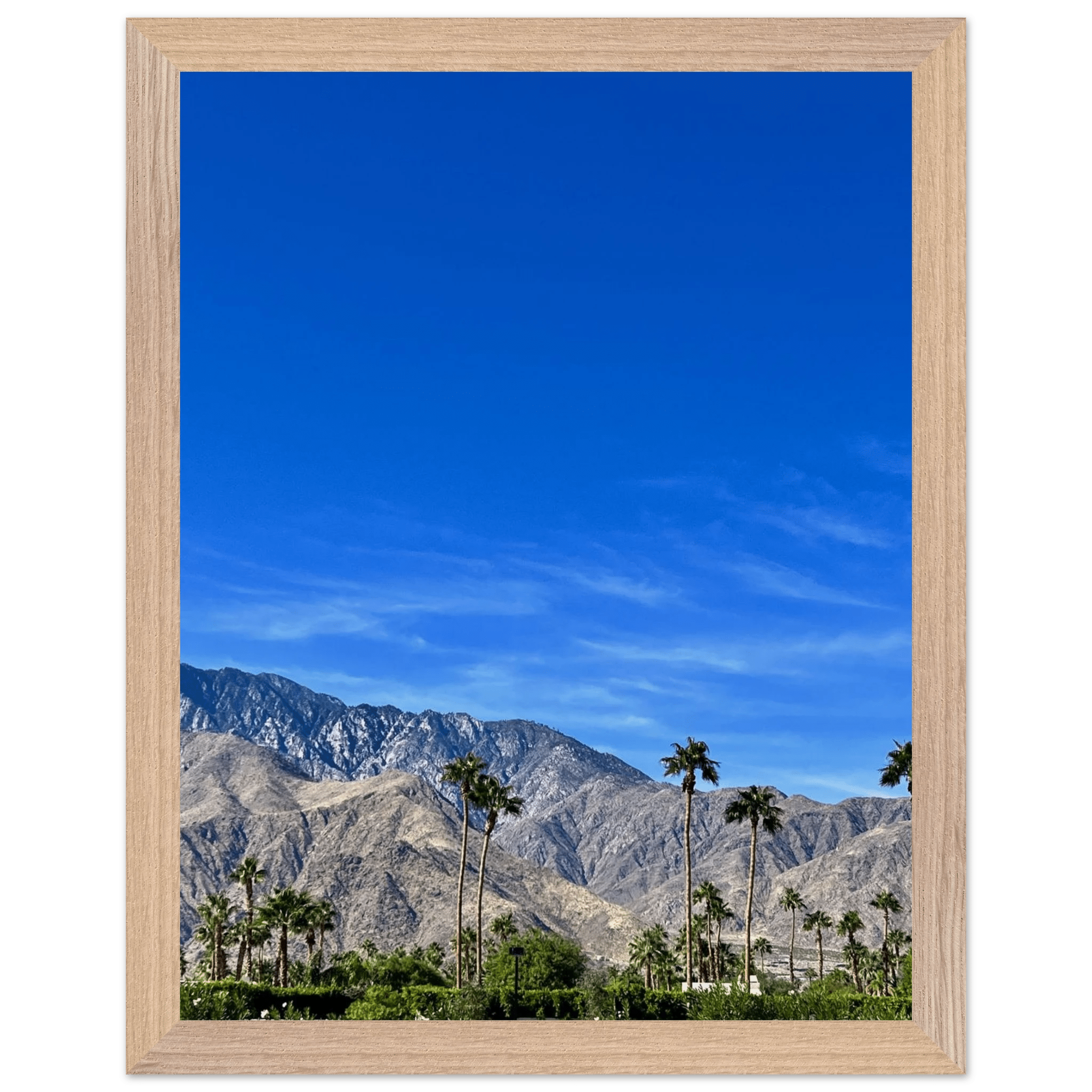 Wooden framed poster featuring a sunny fall day in Palm Springs, California, with vibrant autumn colors and scenic landscape art.