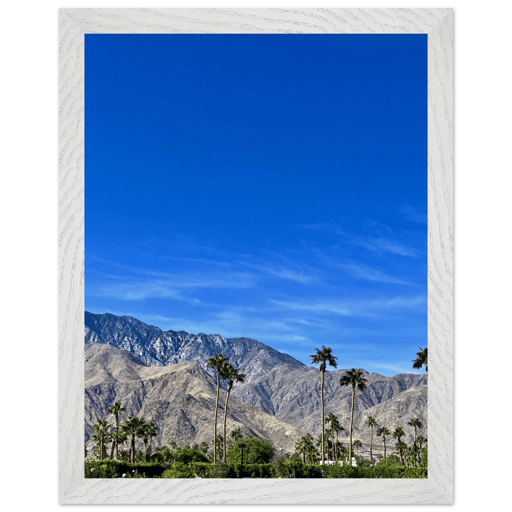 Wooden framed poster featuring a sunny fall day scene in Palm Springs, California, with vibrant colors and detailed artwork.