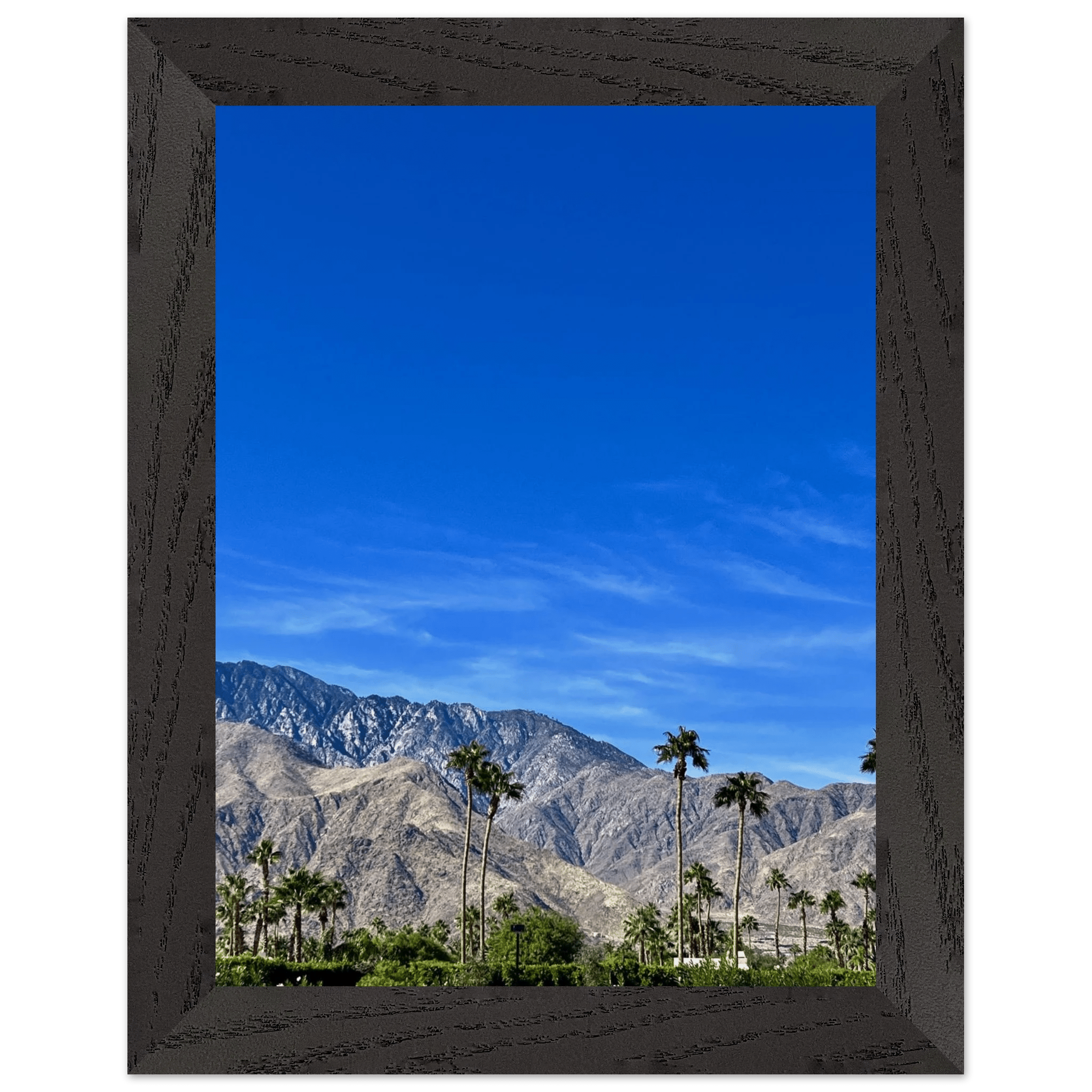 Wooden framed poster of a sunny fall day in Palm Springs California, featuring vibrant autumn scenery and studio-quality art.