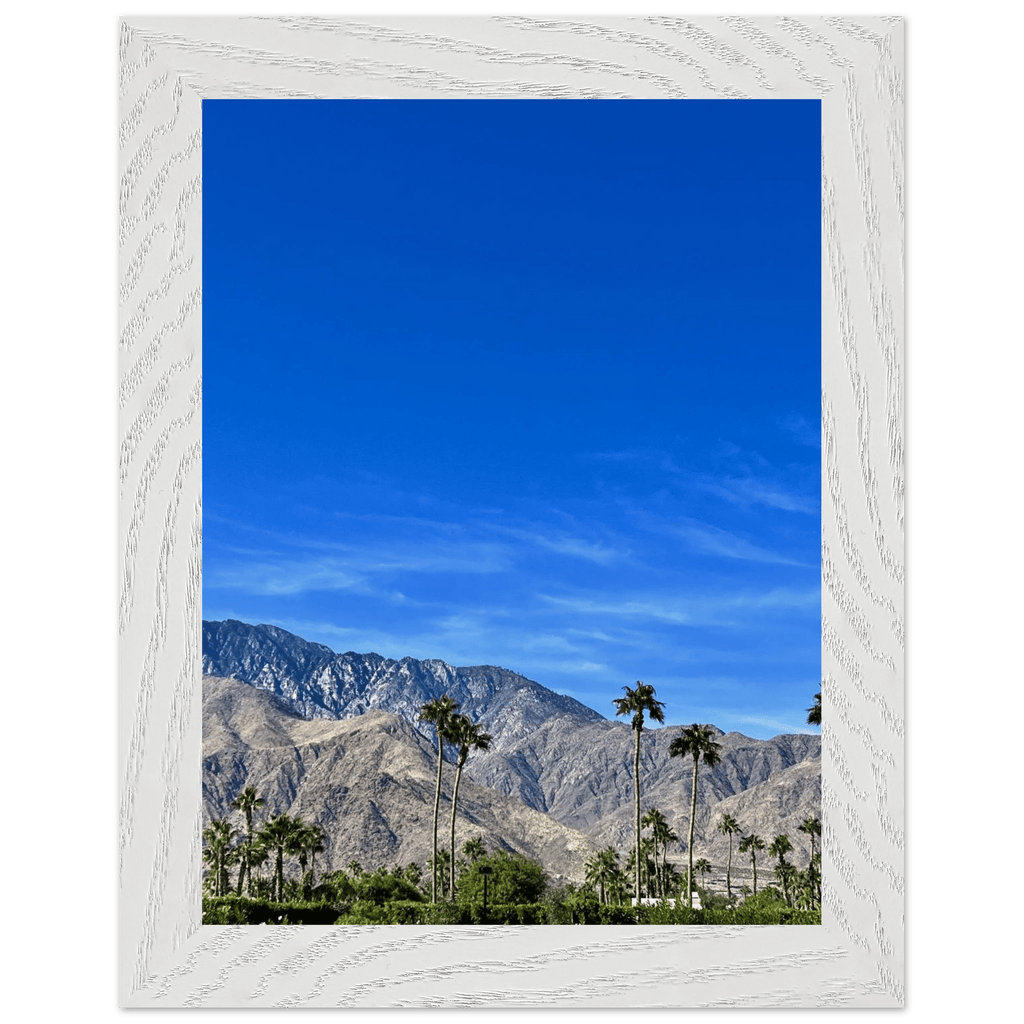 Wooden framed print of a sunny fall day in Palm Springs California, featuring vibrant autumn colors and scenic desert landscape.