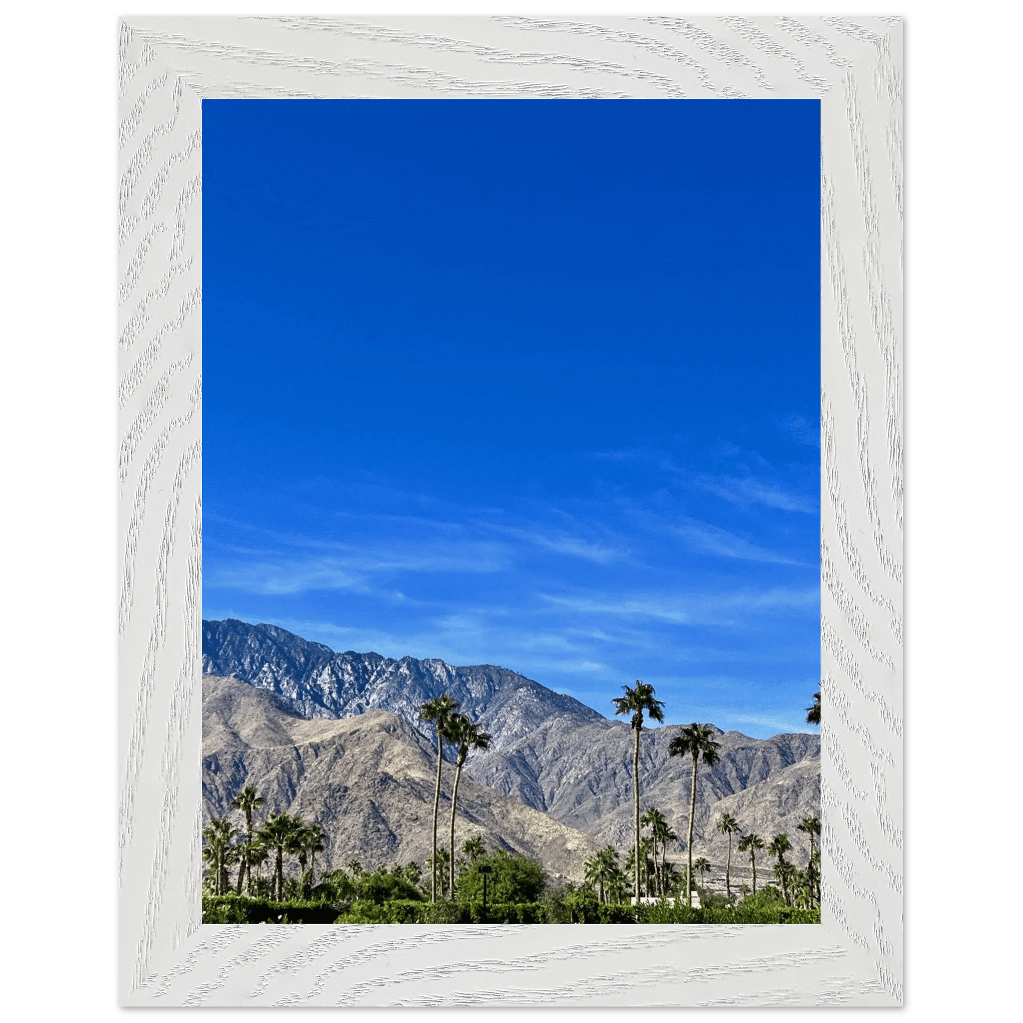 Wooden framed poster of a sunny fall day in Palm Springs California, featuring vibrant autumn scenery and artistic studio edition design.